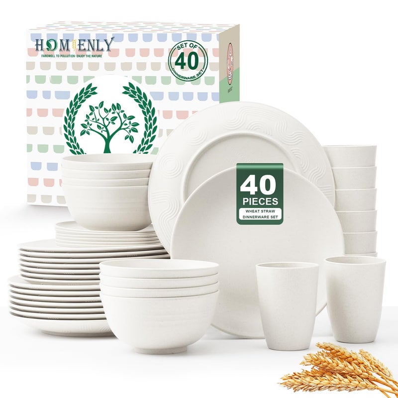 Homienly 40 Pieces Wheat Straw Dinnerware Set Service for 8 Lightweight Roud Plates and Bowls Set Unbreakable Dishes Set Dinner Plates Bowls CupsMicrowave and Dishwasher SafeWhite - Image 2