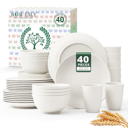Homienly 40 Pieces Wheat Straw Dinnerware Set Service for 8 Lightweight Roud Plates and Bowls Set Unbreakable Dishes Set Dinner Plates Bowls CupsMicrowave and Dishwasher SafeWhite - Image 1