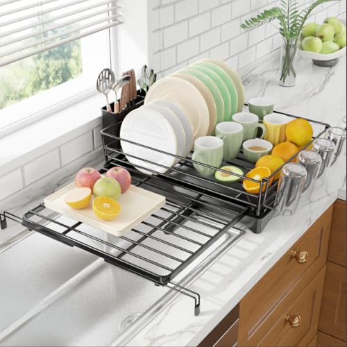 Ekisemio Expandable Dish Drying Rack for Kitchen Counter Large Capacity Dish Drainer with Utensil Holder Drip Tray Space Saving Organizer 127217 x 17 Black - Image 1