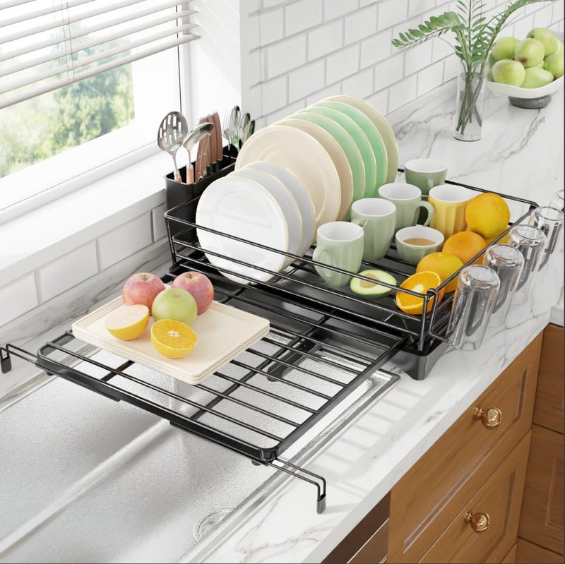 Ekisemio Expandable Dish Drying Rack for Kitchen Counter Large Capacity Dish Drainer with Utensil Holder Drip Tray Space Saving Organizer 127217 x 17 Black - Image 2
