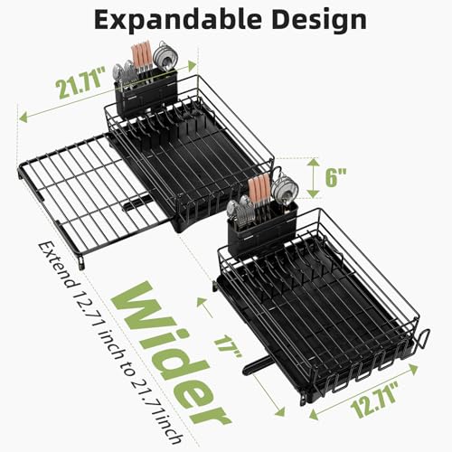 Ekisemio Expandable Dish Drying Rack for Kitchen Counter Large Capacity Dish Drainer with Utensil Holder Drip Tray Space Saving Organizer 127217 x 17 Black - Image 3