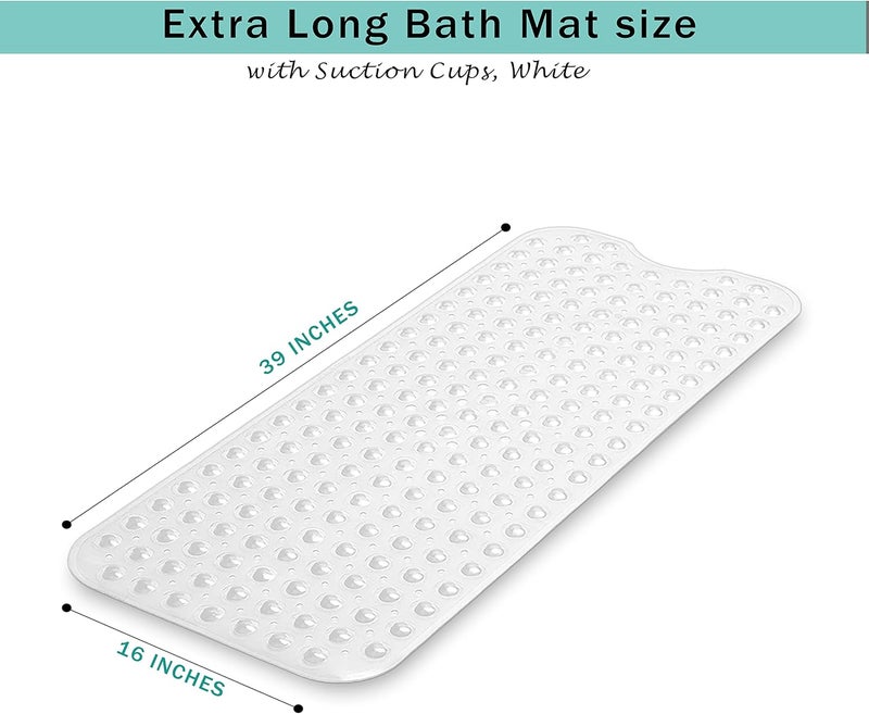 GVTECH Non-Slip Bath Mat with Suction Cups, 100x40cm/40x16in Extra Long Bathtub Mats | Anti-Mould, Machine-Washable, Latex-Free | Shower Mat Ideal for Elderly & Children (White) - Image 2