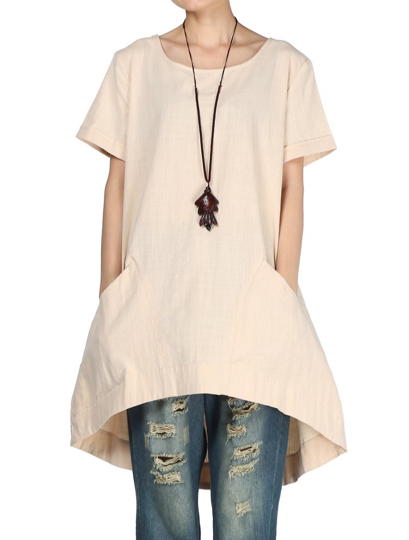 Minibee Women's Cotton Linen Short Sleeve Tunic/Top Tees (XXL, Beige) - Image 2