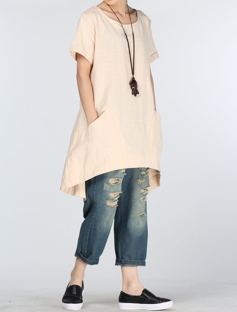 Minibee Women's Cotton Linen Short Sleeve Tunic/Top Tees (XXL, Beige) - Image 3