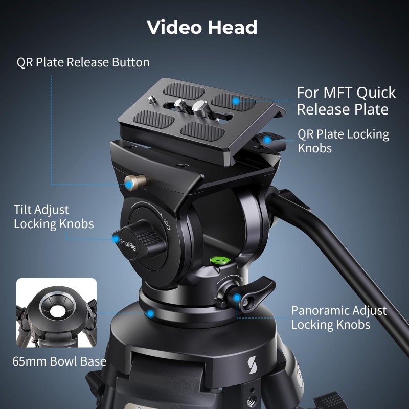 SmallRig AD-50Lite Video Tripod, Heavy Duty Tripod with 360Â°Fluid Head, 62" Aluminum Alloy Travel Tripods with QR Plate, Lift Rope, Load up to 11lb for DSLR, Camcorder, Camera - Image 5