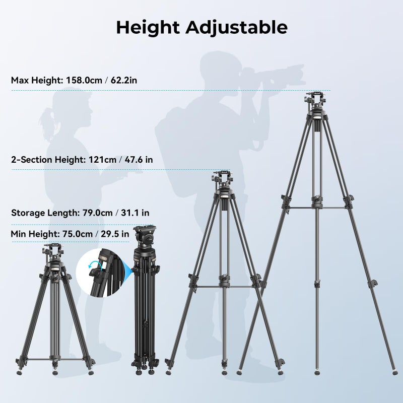 SmallRig AD-50Lite Video Tripod, Heavy Duty Tripod with 360Â°Fluid Head, 62" Aluminum Alloy Travel Tripods with QR Plate, Lift Rope, Load up to 11lb for DSLR, Camcorder, Camera - Image 4