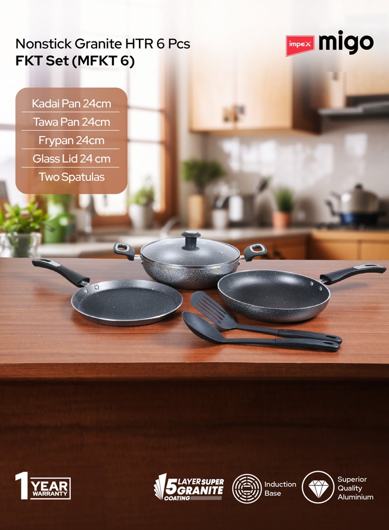 Impex Aluminium Migo Nonstick Granite 6 Pcs Induction Bottom Cookware Set 3 Mm Thick,Festival Gift Set Mfkt 6,5-Layer Super Granite Coated Cookware Set,Hammer Tone Exterior Finish,1 Yr Warranty - MFKT 6, Grey - Image 2