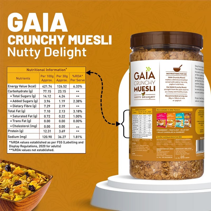 GAIA Nutty Delight Crunchy Muesli 1 kg jar - A Perfect Blend of Multigrains, Nuts, Oats and Cornflakes The Ultimate Healthy and Delicious Breakfast Cereals. - Image 2