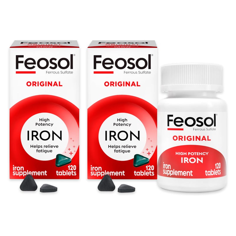 Feosol Original Iron Supplement TabletsNonheme 325mg Ferrous Sulfate 65mg Elemental Iron per Iron Pill 1 Per Day 4 Month Supply for Energy and Immune System Support 120 ct Pack of 2