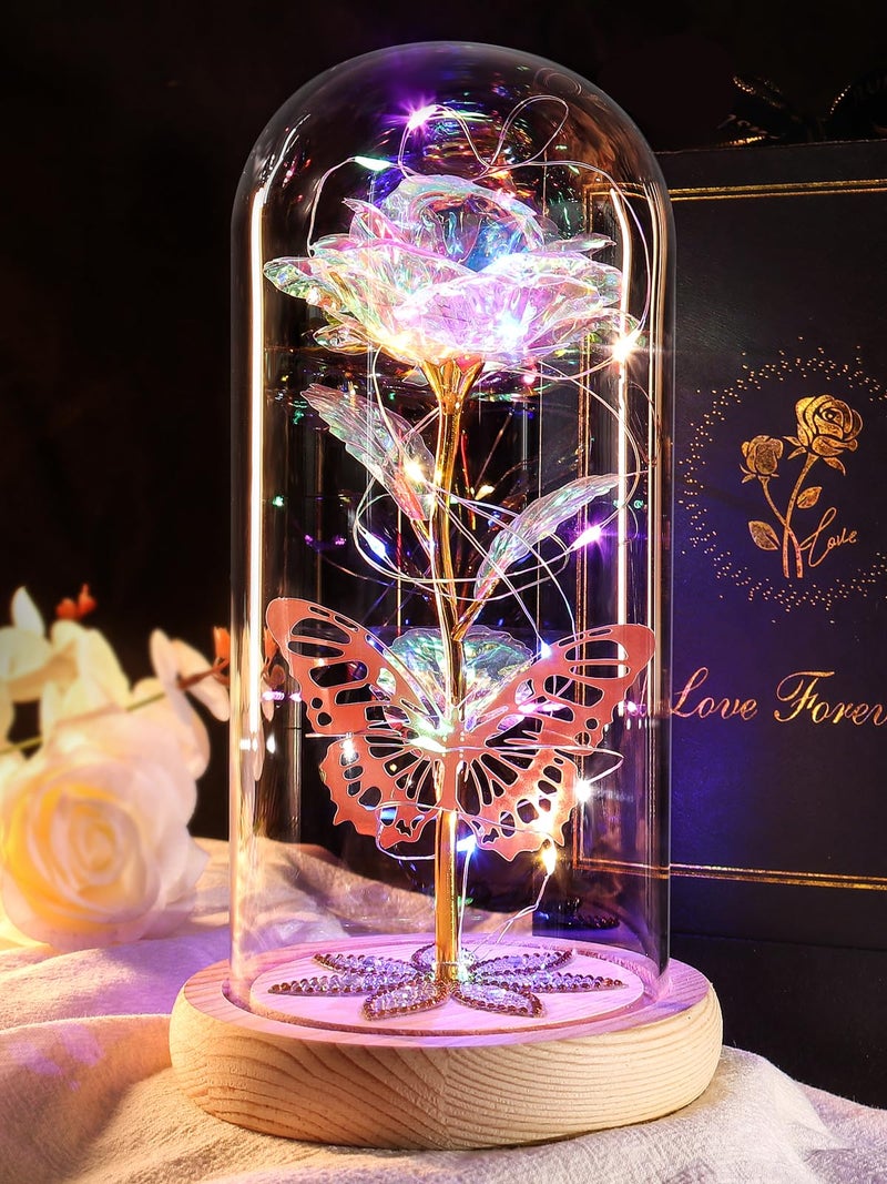 Beferr Birthday Flowers Gifts for WomenGalaxy Colorful Rose Crystal Flower Gifts for Her Mothers Day Eternal Flowers Gifts for Mum Grandma Nanny Mothers Day Light Up Rose In A Glass Dome Gift