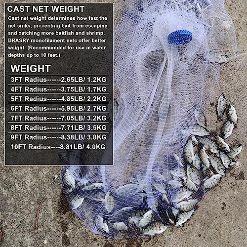 Drasry Saltwater American Fishing Cast Net 3/8inch Mesh Size for Bait Shrimp Trap Fish Heavy Duty Sinkers Throw Net 3FT to 12FT Radius 4FT Radius - Image 5