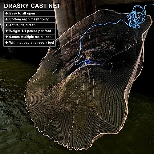 Drasry Saltwater American Fishing Cast Net 3/8inch Mesh Size for Bait Shrimp Trap Fish Heavy Duty Sinkers Throw Net 3FT to 12FT Radius 4FT Radius - Image 4