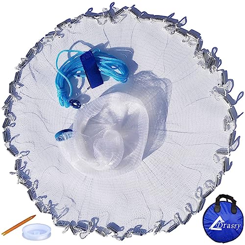 Drasry Saltwater American Fishing Cast Net 3/8inch Mesh Size for Bait Shrimp Trap Fish Heavy Duty Sinkers Throw Net 3FT to 12FT Radius 4FT Radius - Image 1