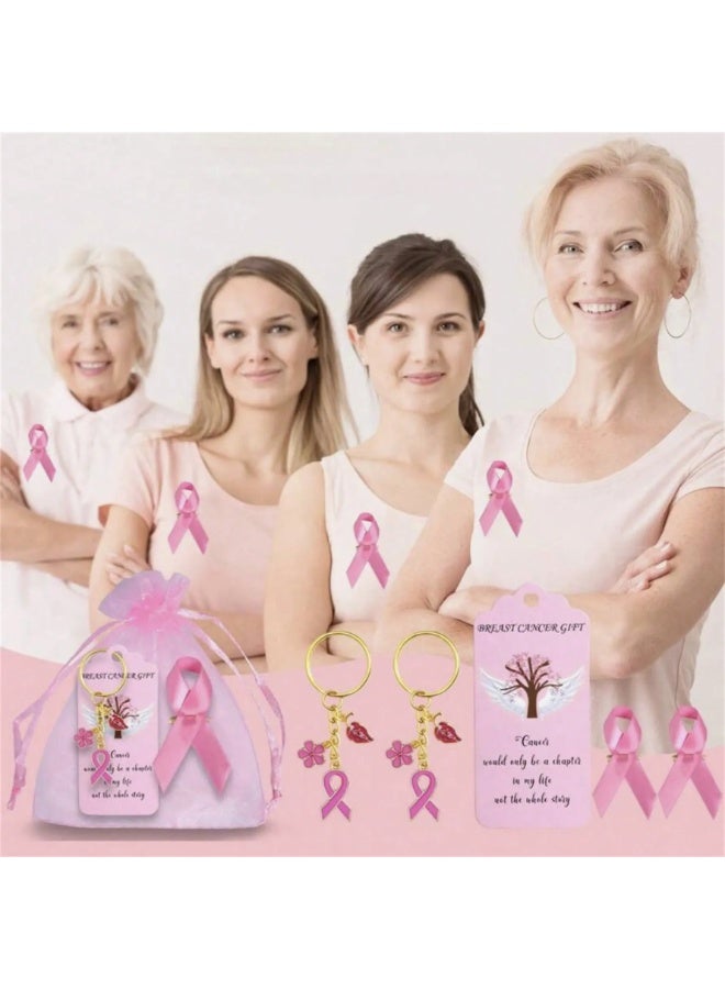 Breast Cancer Awareness Set – 4-Piece Collection Including a Pink Organza Bag, Pink Ribbon Keychain, Motivational Message, and Satin Pink Ribbon Brooch with Pin – Ideal for Distribution in Schools, Hospitals, or as a Gift for Survivors and to Support Breast Cancer Fighters. - Image 2