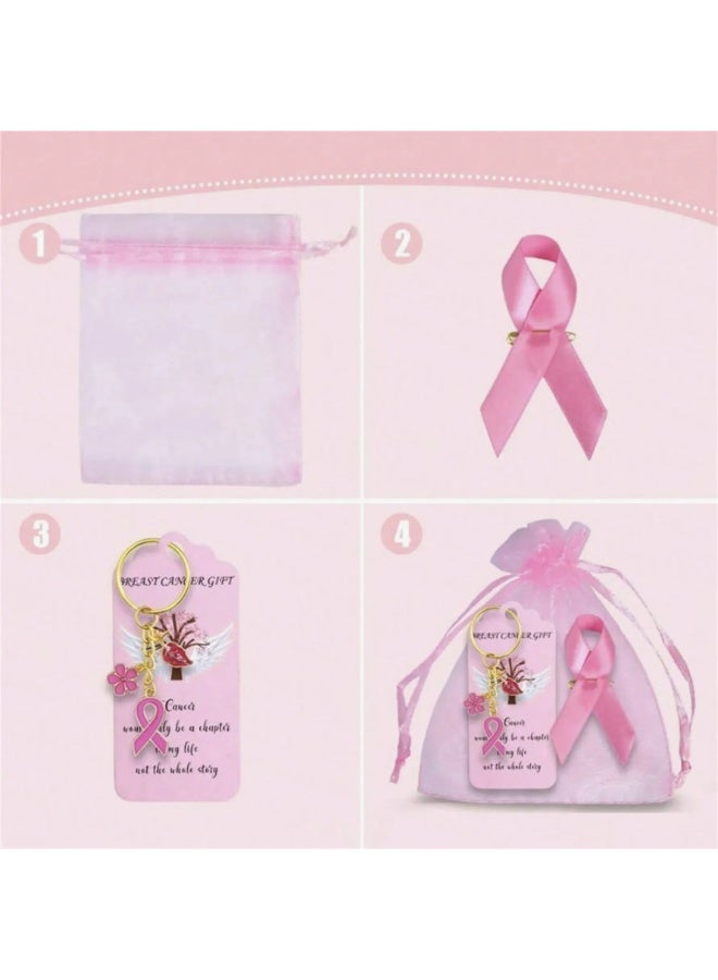 Breast Cancer Awareness Set – 4-Piece Collection Including a Pink Organza Bag, Pink Ribbon Keychain, Motivational Message, and Satin Pink Ribbon Brooch with Pin – Ideal for Distribution in Schools, Hospitals, or as a Gift for Survivors and to Support Breast Cancer Fighters. - Image 1