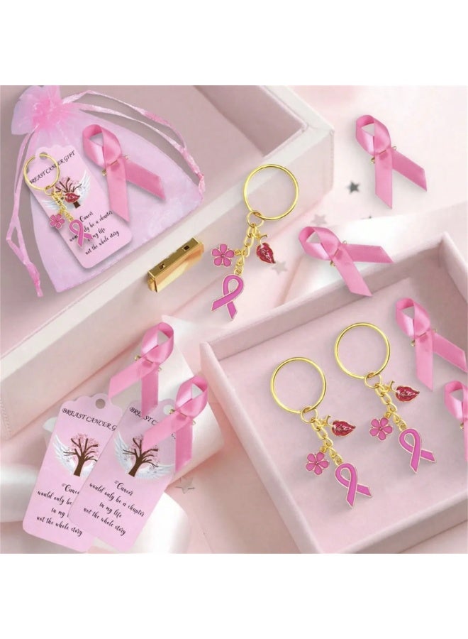 Breast Cancer Awareness Set – 4-Piece Collection Including a Pink Organza Bag, Pink Ribbon Keychain, Motivational Message, and Satin Pink Ribbon Brooch with Pin – Ideal for Distribution in Schools, Hospitals, or as a Gift for Survivors and to Support Breast Cancer Fighters. - Image 3