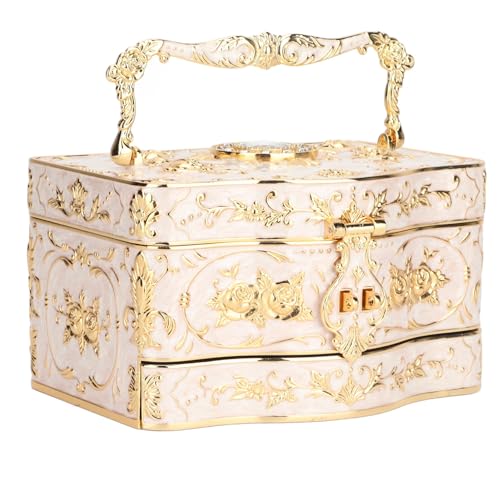 Mrisata Vintage Jewelry Box, 3 Layers Small Trinket Box with Handle, Rectangular Trinket Organizer Storage Box Treasure Chest Box Jewelry Decorative Box Jewelry Box Gift Box Case (White) - Image 5