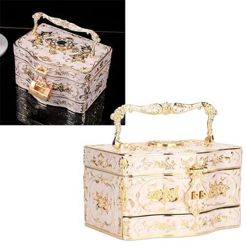 Mrisata Vintage Jewelry Box, 3 Layers Small Trinket Box with Handle, Rectangular Trinket Organizer Storage Box Treasure Chest Box Jewelry Decorative Box Jewelry Box Gift Box Case (White) - Image 3