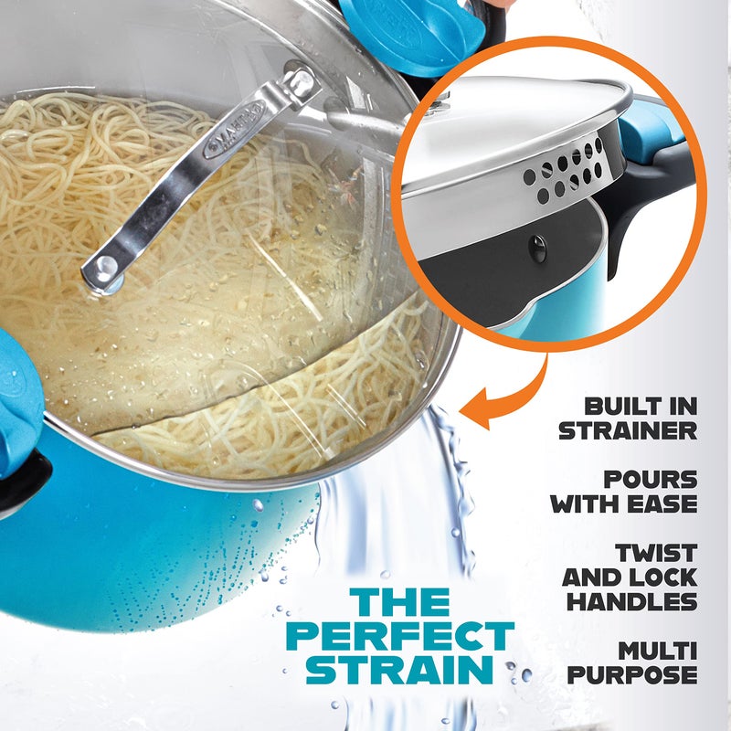 GOTHAM STEEL وعاء غوثام ستيل سعة 5 كوارت متعدد الاستخدامات مع غطاء مصفاة ومقابض دوارة وقابلة للقفل، وعاء طهي غير لاصق + أوعية مصفاة مكرونة مع غطاء، وعاء سباغيتي، آمن في غسالة الصحون – أزرق مائي - Image 2
