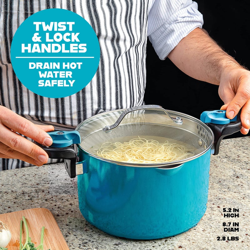 GOTHAM STEEL وعاء غوثام ستيل سعة 5 كوارت متعدد الاستخدامات مع غطاء مصفاة ومقابض دوارة وقابلة للقفل، وعاء طهي غير لاصق + أوعية مصفاة مكرونة مع غطاء، وعاء سباغيتي، آمن في غسالة الصحون – أزرق مائي - Image 4