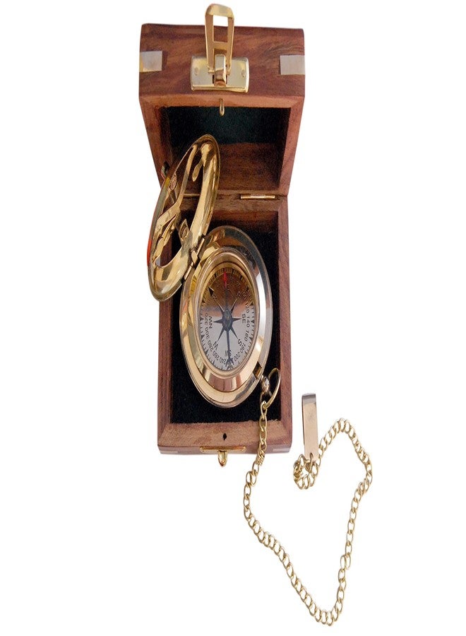 BAZROSS Brass Sundial Compass in Wooden Case - Nautical Gifts for Men, Antique Sailing Anniversary Gadget for Him - Brass Compass Gift for Men - Christmas & Holiday Collection Gift - Image 2