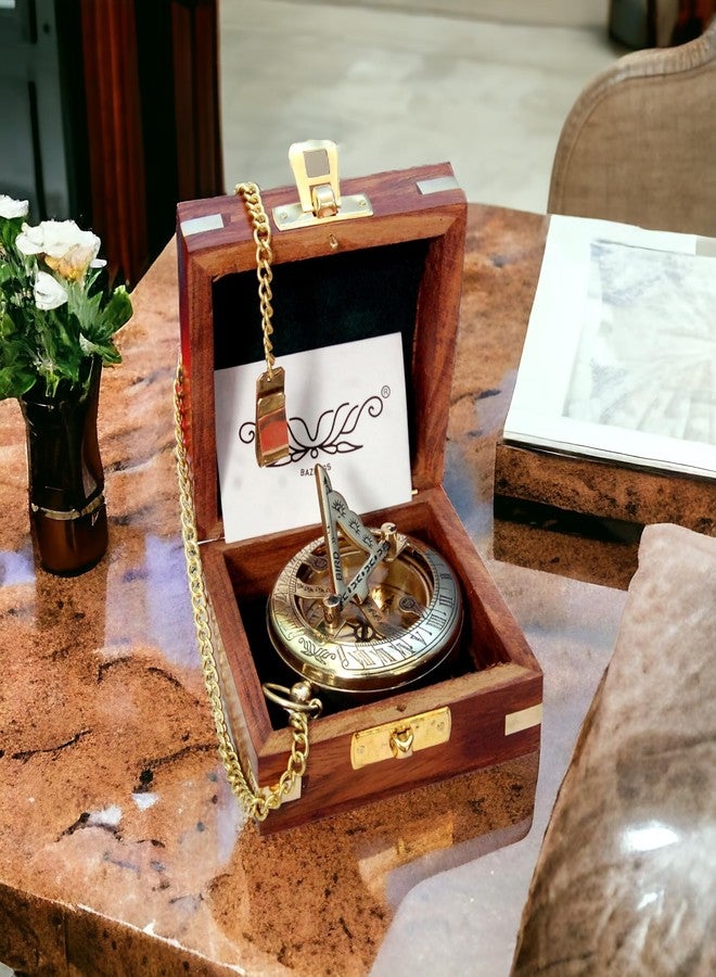 BAZROSS Brass Sundial Compass in Wooden Case - Nautical Gifts for Men, Antique Sailing Anniversary Gadget for Him - Brass Compass Gift for Men - Christmas & Holiday Collection Gift - Image 3