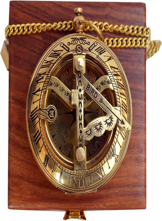 BAZROSS Brass Sundial Compass in Wooden Case - Nautical Gifts for Men, Antique Sailing Anniversary Gadget for Him - Brass Compass Gift for Men - Christmas & Holiday Collection Gift - Image 1