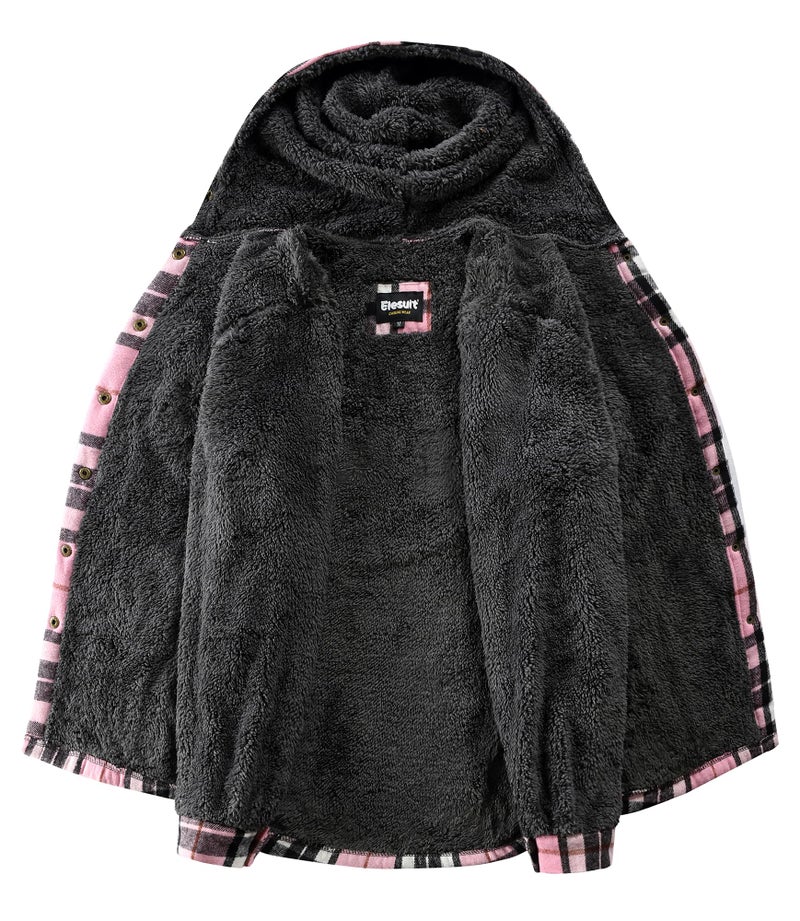 Elesuit Women's Flannel Plaid Hooded Jackets Button Down Sherpa Fleece Lined Hoodies Fashion Warm Coat Black Pink X-Small - Image 4