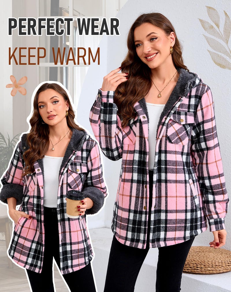 Elesuit Women's Flannel Plaid Hooded Jackets Button Down Sherpa Fleece Lined Hoodies Fashion Warm Coat Black Pink X-Small - Image 5