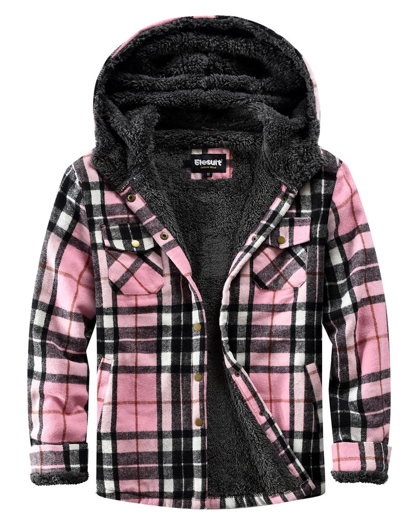 Elesuit Women's Flannel Plaid Hooded Jackets Button Down Sherpa Fleece Lined Hoodies Fashion Warm Coat Black Pink X-Small - Image 1