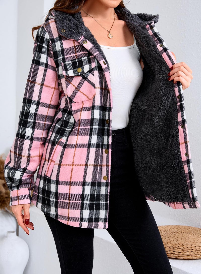Elesuit Women's Flannel Plaid Hooded Jackets Button Down Sherpa Fleece Lined Hoodies Fashion Warm Coat Black Pink X-Small - Image 3