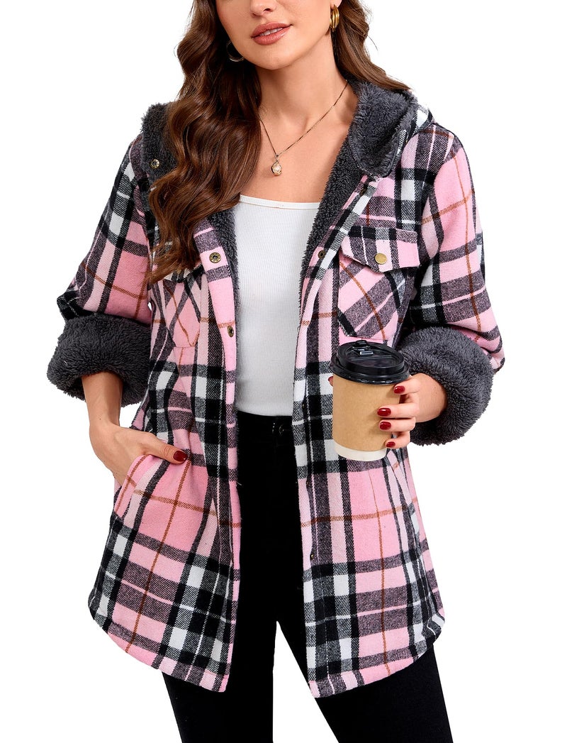 Elesuit Women's Flannel Plaid Hooded Jackets Button Down Sherpa Fleece Lined Hoodies Fashion Warm Coat Black Pink X-Small - Image 2