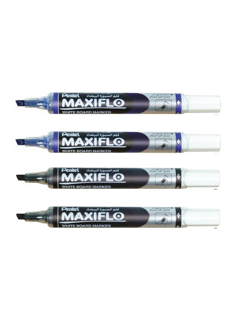 Pentel 4-Piece Maxiflo White Board Marker Chisel Tip Blue and Black Colours - Image 1