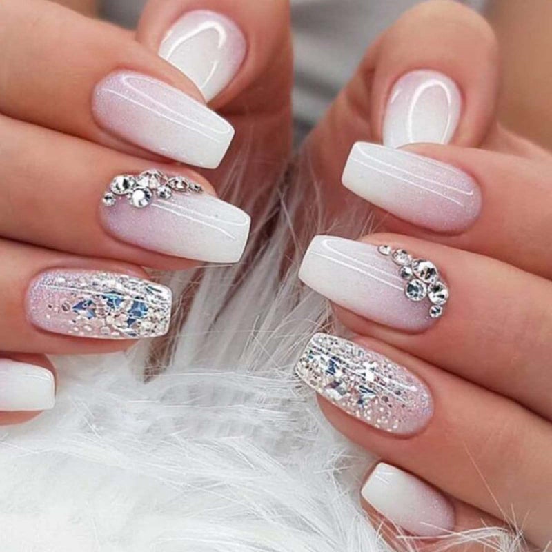 YoYoee Medium Coffin Press On Nails Crystal Gem Design Fake Nails Acrylic Gradient Bling False Nails Reusable Ballerina Stick On Nails for Women and Girls ï¼ˆ24 PCSï¼‰ - Image 1