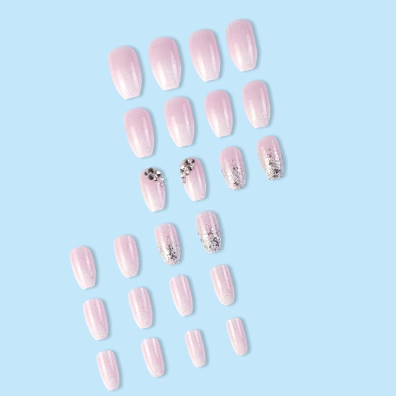 YoYoee Medium Coffin Press On Nails Crystal Gem Design Fake Nails Acrylic Gradient Bling False Nails Reusable Ballerina Stick On Nails for Women and Girls ï¼ˆ24 PCSï¼‰ - Image 3