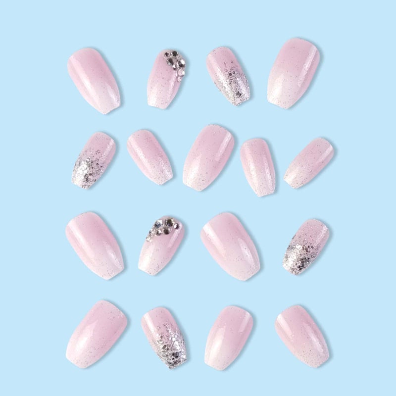 YoYoee Medium Coffin Press On Nails Crystal Gem Design Fake Nails Acrylic Gradient Bling False Nails Reusable Ballerina Stick On Nails for Women and Girls ï¼ˆ24 PCSï¼‰ - Image 4