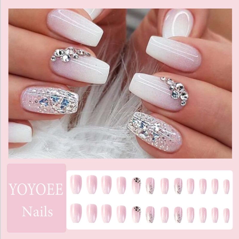 YoYoee Medium Coffin Press On Nails Crystal Gem Design Fake Nails Acrylic Gradient Bling False Nails Reusable Ballerina Stick On Nails for Women and Girls ï¼ˆ24 PCSï¼‰ - Image 2