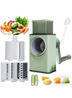 Manual Rotary Cheese Grater Shredder with Wider Hopper 3 Interchangeable Blades Round Mandolin Drum Slicer Julienne Grinder for Cheese, Vegetables, Potatoes and Nuts, Cyan