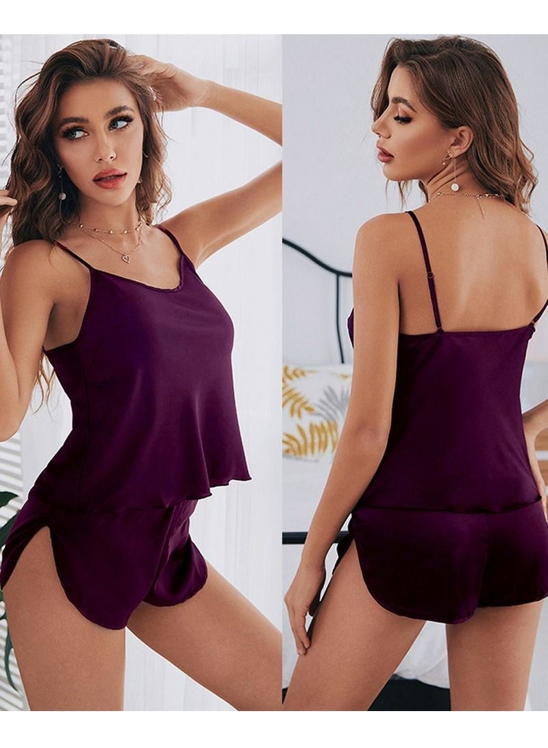 Loquat Women's Solid Color 2-Piece Set Nightgown Camisole Tops And Shorts Soft Lingerie Sleepwear Suit Dark Purple