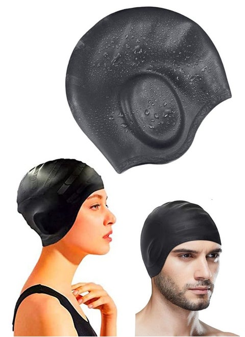 Silicone Swimming Cap with Ear Protection 3D Ergonomic Design Comfortable for Adult Men Women Long Hair Protecting Ears and Hair from Chlorine, Bacteria, Sand in the Water Odorless and Skin Friendly