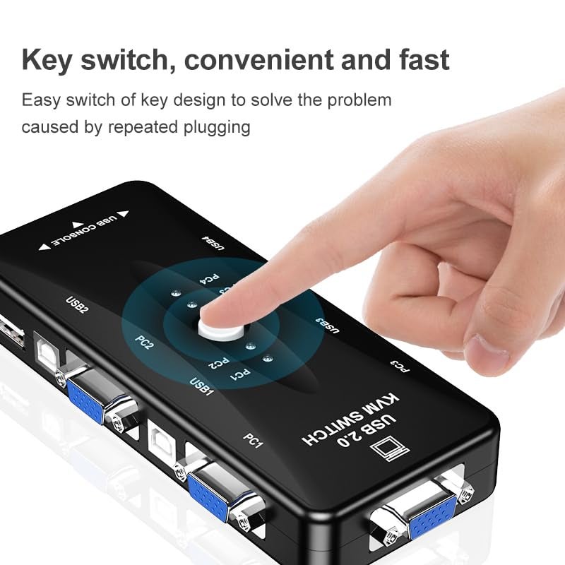 XIKKART مبدل KVM VGA بأربعة منافذ USB، محول صندوق KVM USB 2.0، تبديل بزر واحد، 4 كابلات VGA غير متضمنة، مثالي لأجهزة الكمبيوتر، لوحة المفاتيح، الفأرة، الماسح الضوئي، الطابعة والمزيد - Image 2