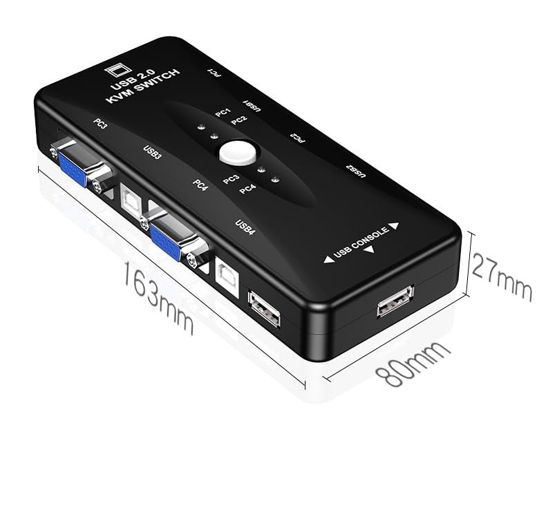 XIKKART مبدل KVM VGA بأربعة منافذ USB، محول صندوق KVM USB 2.0، تبديل بزر واحد، 4 كابلات VGA غير متضمنة، مثالي لأجهزة الكمبيوتر، لوحة المفاتيح، الفأرة، الماسح الضوئي، الطابعة والمزيد - Image 4
