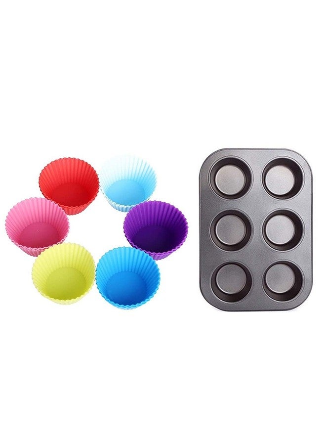 Xacton Combo Of 6 Slot Muffins Tray With 6 Pcs Paper Cake Cup Liners | Cupcake Cases | Round Shape Baking Cups | Reusable Silicone | For Handmade Soap, Biscuit Chocolate Multicolor - Multicolour - Image 1