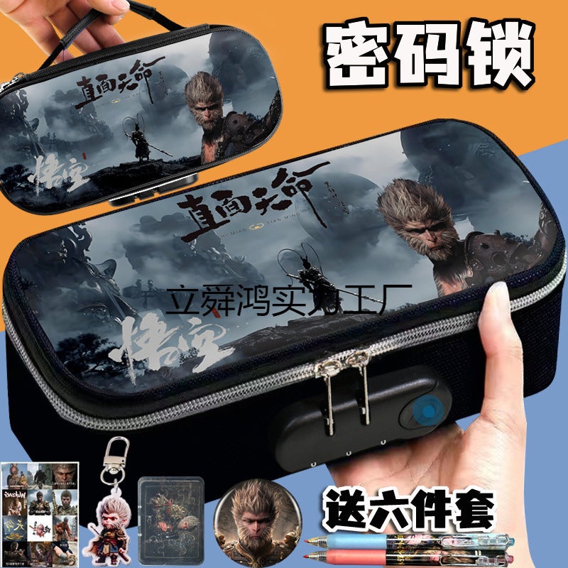 Black Myth Wukong Pencil Case For Boys, Canvas Password Lock Stationery Box, God Of Thunder Portable Large Capacity Pencil Case - Image 3