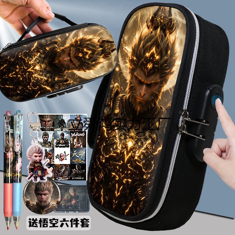 Black Myth Wukong Pencil Case For Boys, Canvas Password Lock Stationery Box, God Of Thunder Portable Large Capacity Pencil Case - Image 2