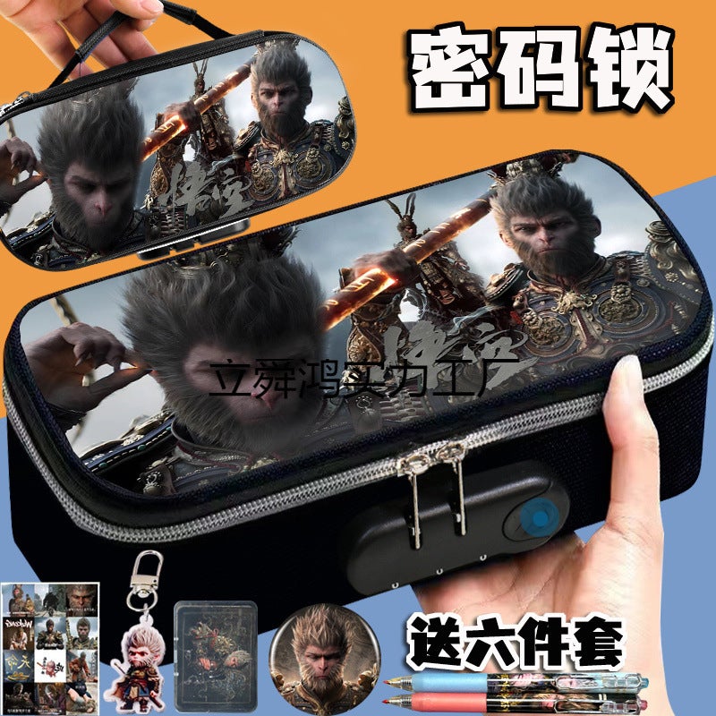 Black Myth Wukong Pencil Case For Boys, Canvas Password Lock Stationery Box, God Of Thunder Portable Large Capacity Pencil Case - Image 4