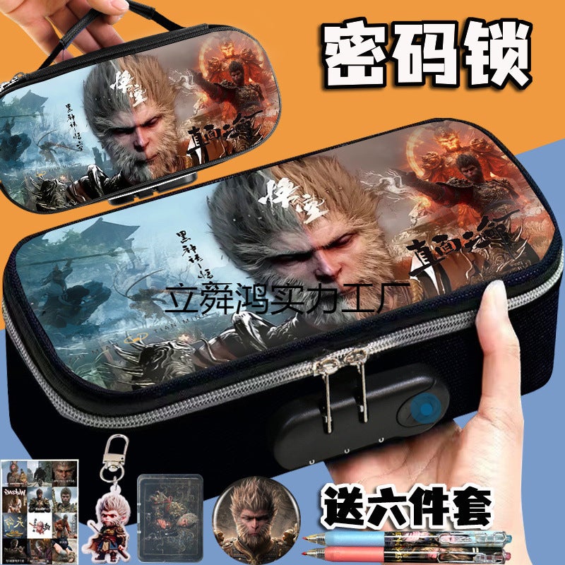 Black Myth Wukong Pencil Case For Boys, Canvas Password Lock Stationery Box, God Of Thunder Portable Large Capacity Pencil Case - Image 5
