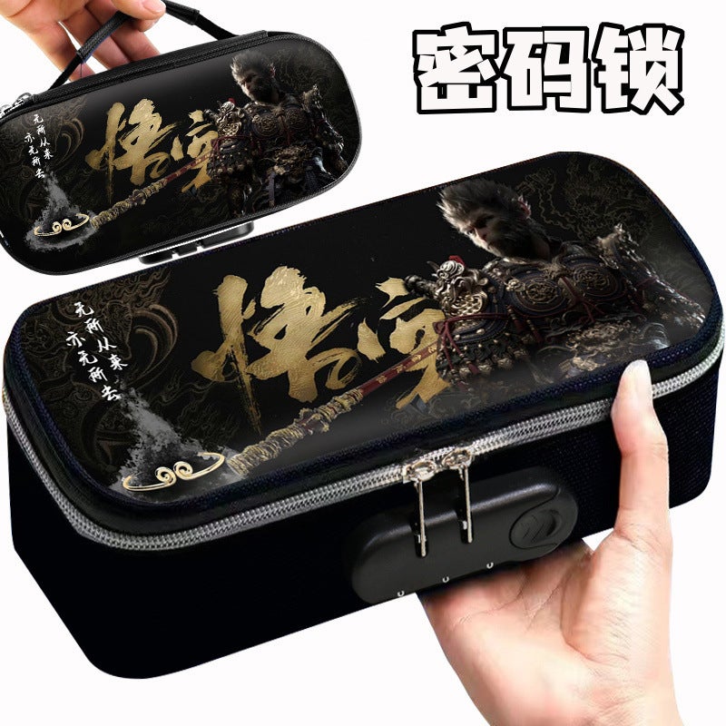 Black Myth Wukong Pencil Case For Boys, Canvas Password Lock Stationery Box, God Of Thunder Portable Large Capacity Pencil Case - Image 1