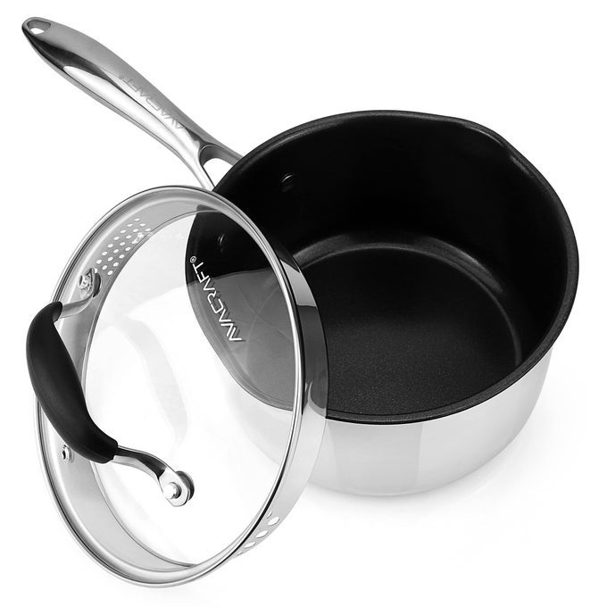 NONSTICK SAUCEPAN WITH GLASS LID STRAINER LID 100 PTFE PFOA TOXINS FREE TWO SIDE SPOUTS FOR EASY POUR MULTIPURPOSE SAUCE PAN WITH LID CERAMIC SAUCE POT 25 QT NONSTICK SAUCEPAN