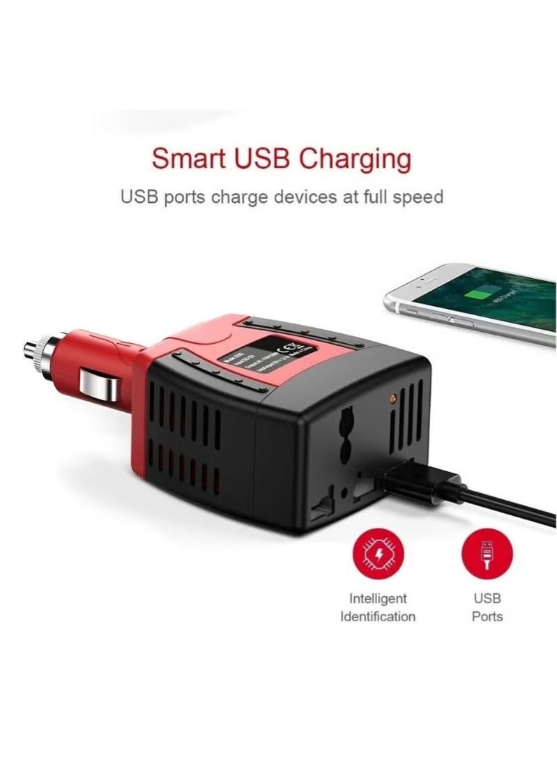 150W Car Power Inverter with Universal UK/US/EU Plug & 1 USB Port – High-Quality Fast Charging Adapter for Mobile Devices | Converts 12V DC to AC 220V for Laptops, Phones, Tablets & Small Electronics | Portable Travel Converter for Car, Truck & RV Use | Safe, Reliable, Compact Design for Home & Outdoor Power Backup